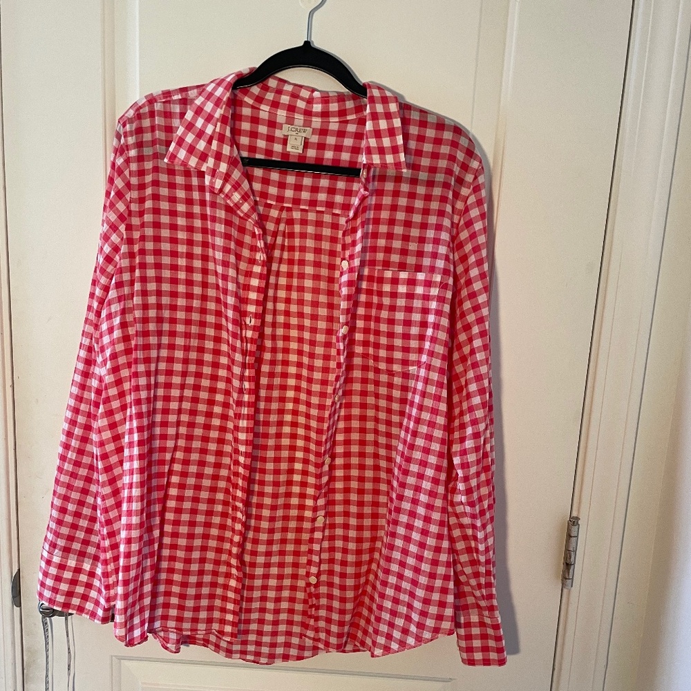 J Crew, Women's Pink and White Gingham Shirt, XL, NWOT
